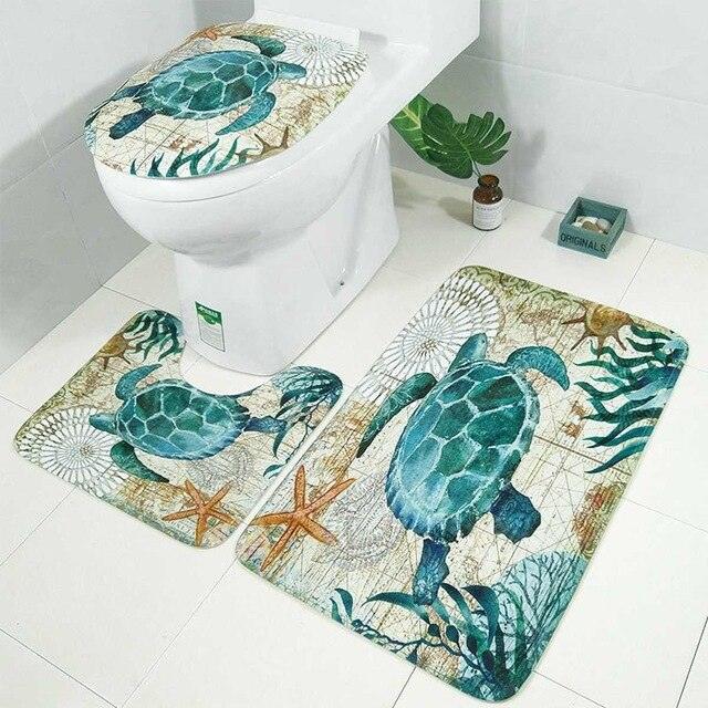 Sea Turtles 4 In 1 Waterproof Fabric Bathroom 3D Shower Curtain Set with Non Slip Toilet Cover Rugs (D65)(B&2)(B&4)(1U65)