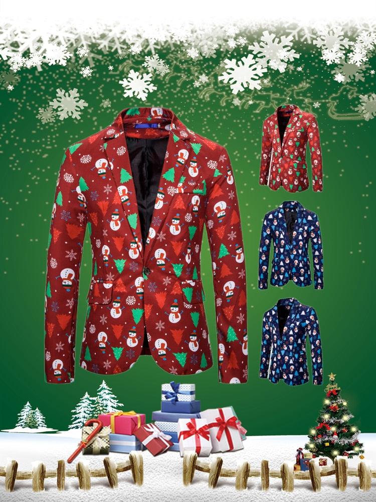 Male Blazer Christmas Snowman Printed Blazers for Men Spring Autumn Thin Costume Homme Stage Clothes for Singers (T2M)(CC5) - Deals DejaVu