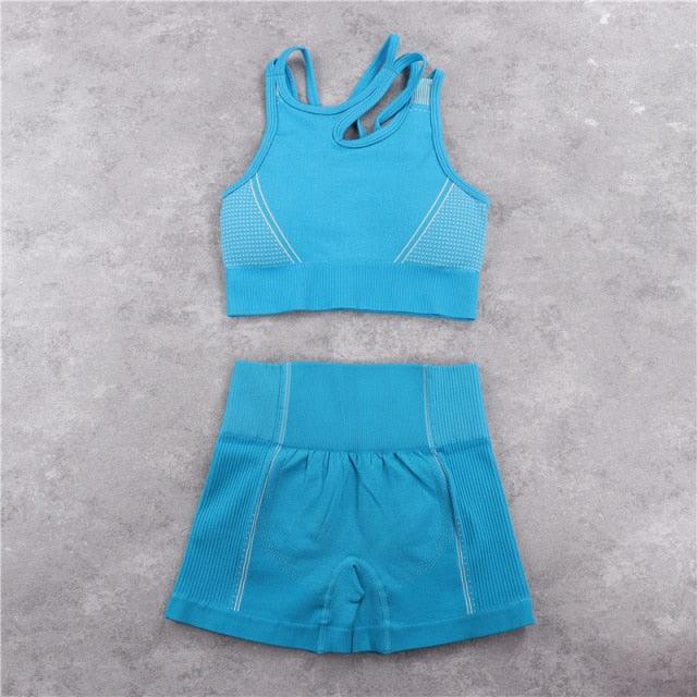 Sexy Women Casual Yoga Seamless Two Pieces Set - Tank Crop Top And Skinny Shorts - High Elastic Jogger Fitness Sporty Suit (2U24)(BAP)(TBL)
