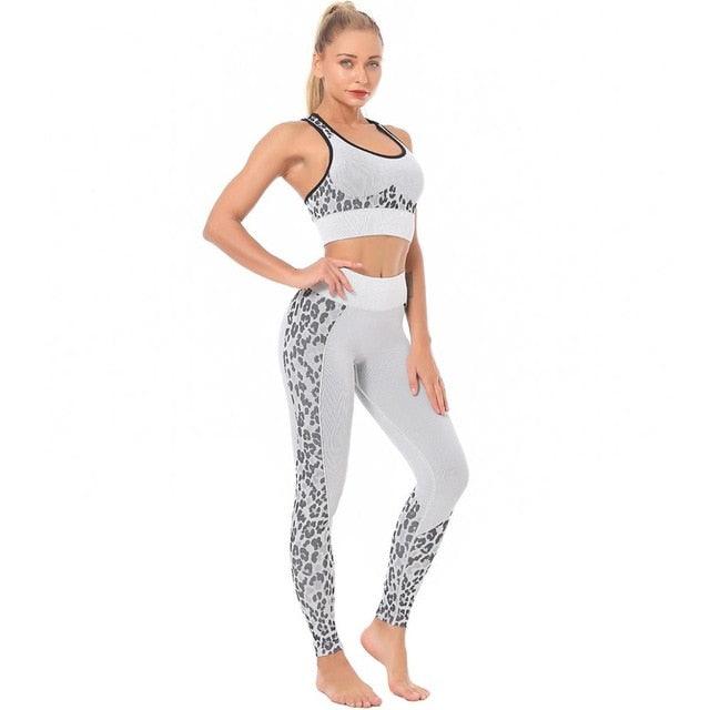 Cute Yoga Set - Leopard Print Ribbing Bra Top And Leggings Sports Tracksuit - Fashion Gym Clothing Workout - High Elastic Suit (1U24)