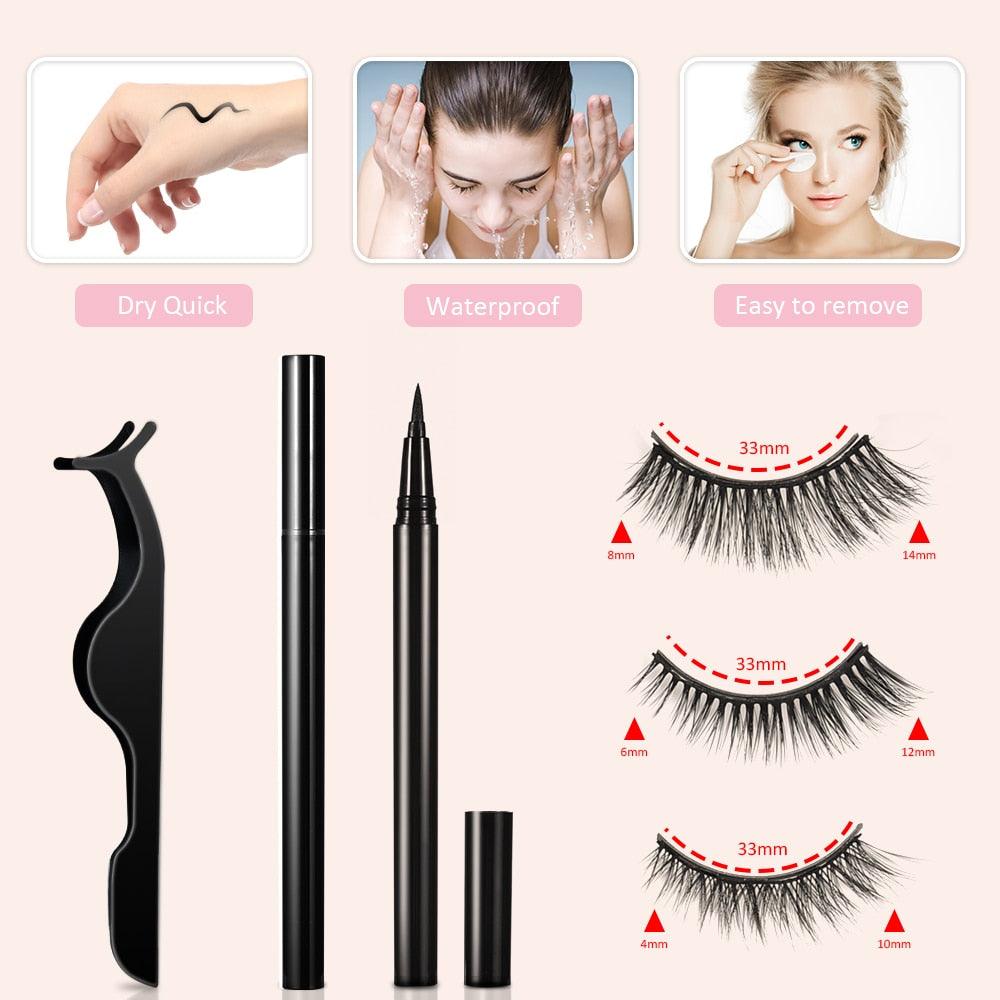 Self Adhesive Eyeliner Eyelashes Eyelashes Kit with Eyeliner & Tweezers Reusable Waterproof False Lashes with 3 Pairs (M2)(1U86)
