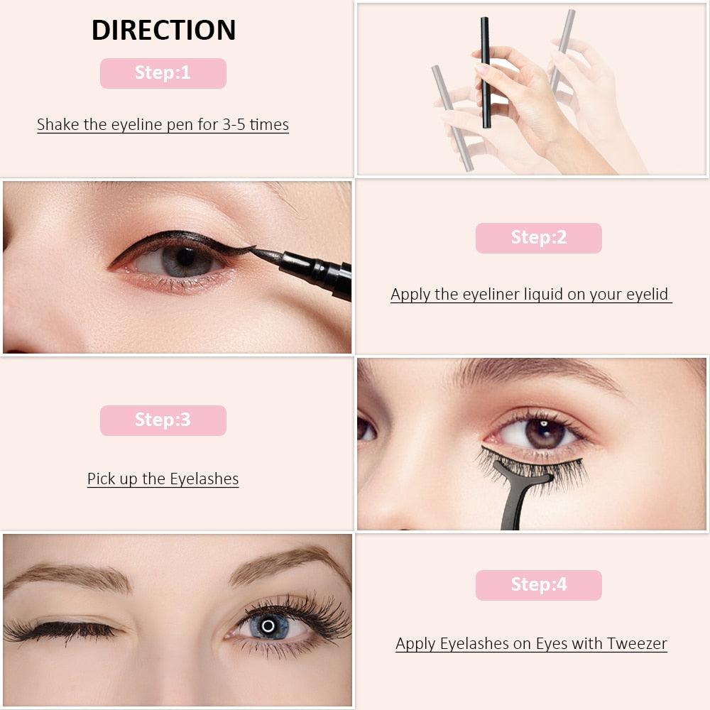 Self Adhesive Eyeliner Eyelashes Eyelashes Kit with Eyeliner & Tweezers Reusable Waterproof False Lashes with 3 Pairs (M2)(1U86)