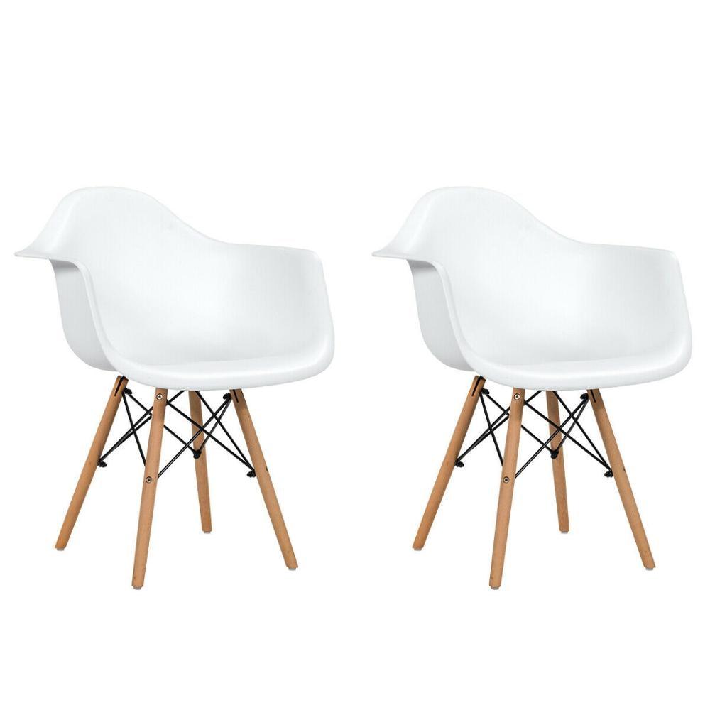 Set of 2 Mid Century Modern Molded Dining Arm Side Chair Wood Legs White New (FW2)(1U67)