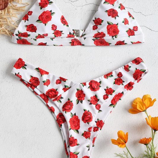 Beautiful Rose Printed Push Up Padded Women Summer Swimwear - Bathing Suit - Female Low Waist - Brazilian Bikini Set (1U26)