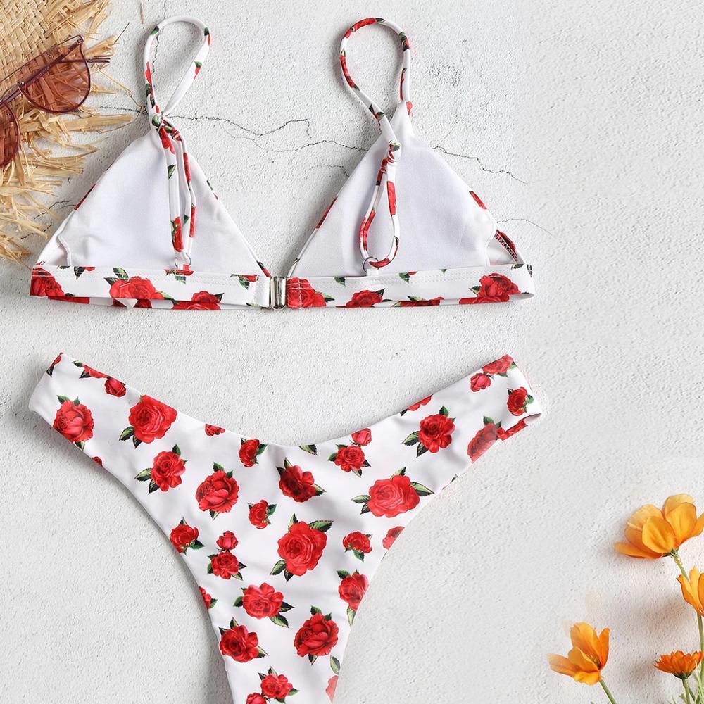 Beautiful Rose Printed Push Up Padded Women Summer Swimwear - Bathing Suit - Female Low Waist - Brazilian Bikini Set (1U26)