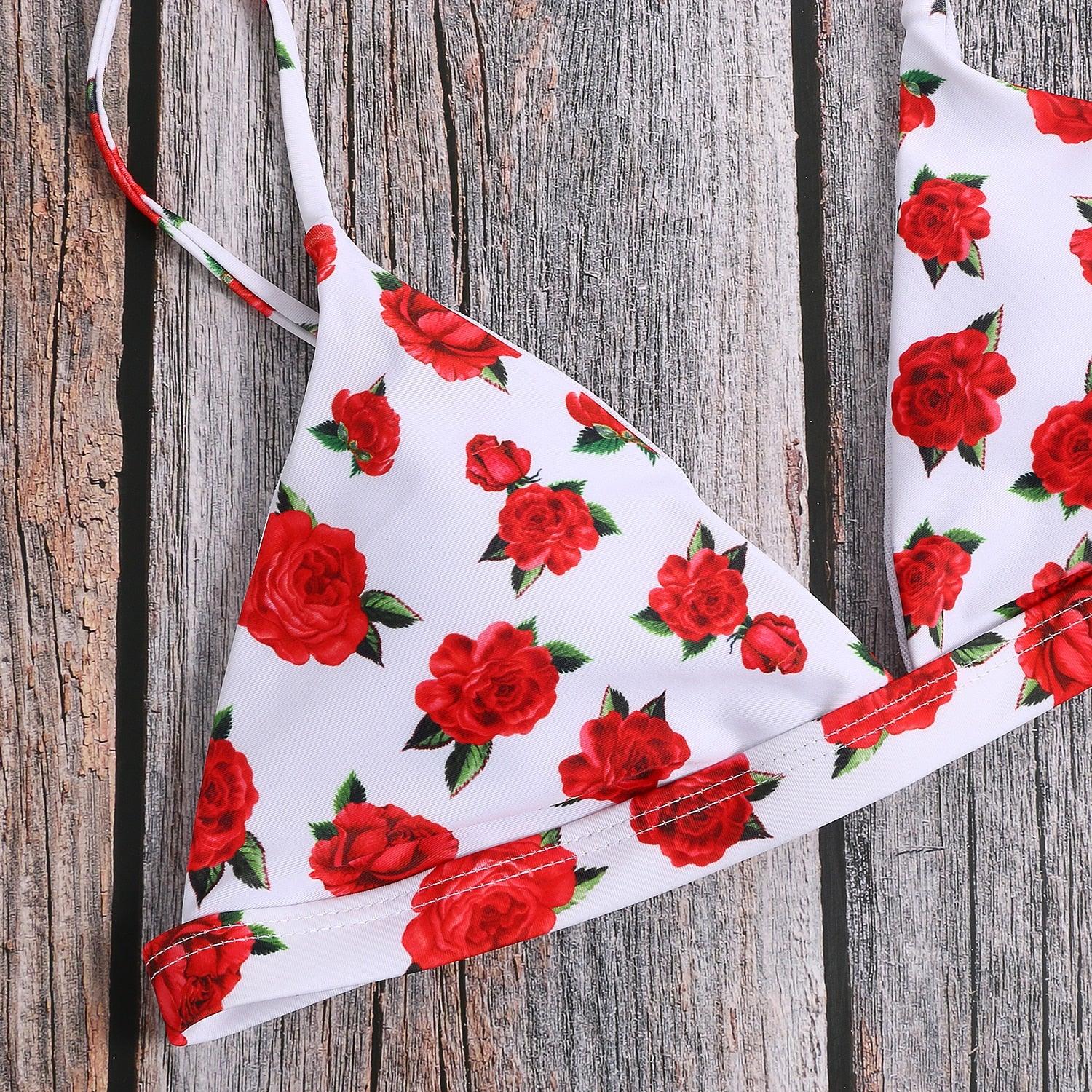 Beautiful Rose Printed Push Up Padded Women Summer Swimwear - Bathing Suit - Female Low Waist - Brazilian Bikini Set (1U26)