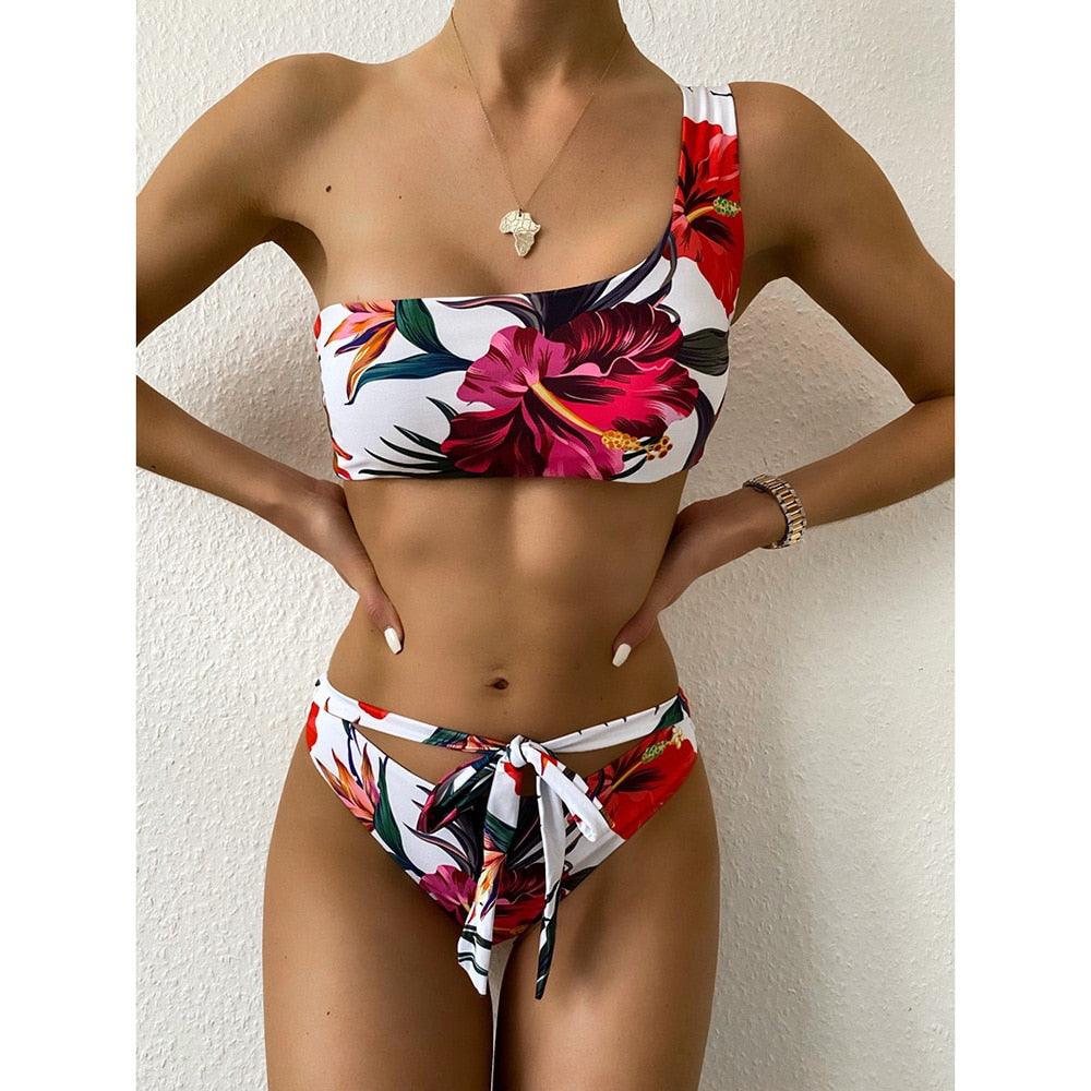 Sexy One Shoulder Print Bikini - Floral Women Swimsuit - Women Vintage Bathing Suit - Two Piece Suit (TB8D)(F26)