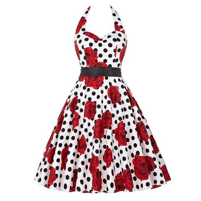 Sexy Halter Party Dress - Polka Dot Hepburn Vintage Dress - Plus Size Elegant Midi Dress (D30)(BWM)(WSO4)