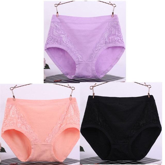 Sexy Lace Big Size High Waist Women Panties - Solid Cotton Comfort Briefs Lady's Underwear (TSP2)