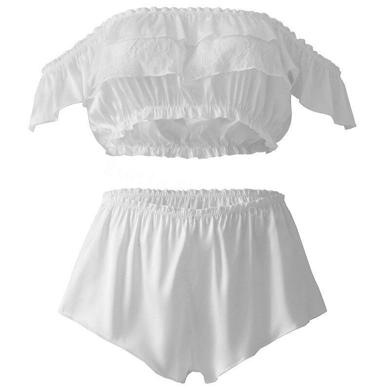 Sexy Lace Ruffles Suspenders Strapless Tops & Shorts - Pajamas Underwear Two-piece Set (D29)(TSL1)