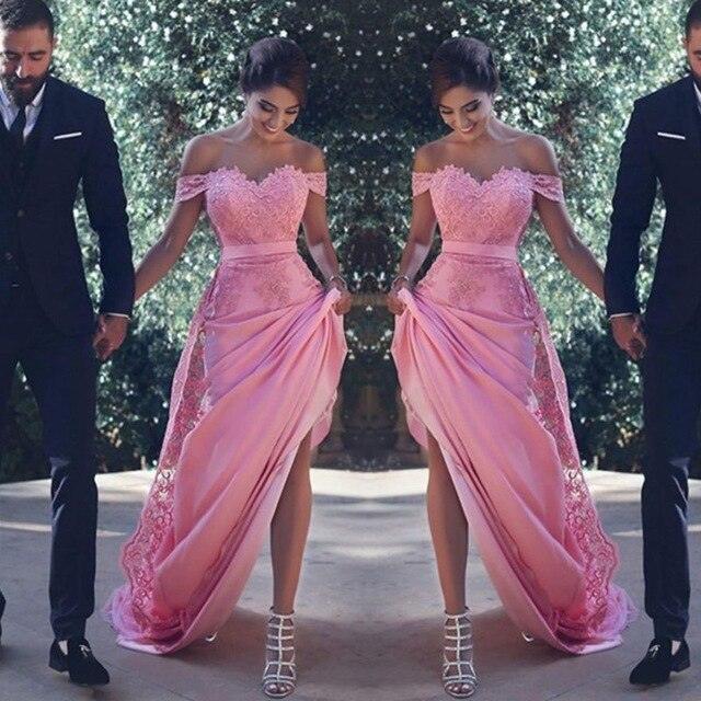 Sexy Off The Shoulder Bridesmaid Dresses - Long With Lace A Line Wedding Guest Dress - Pink Maid of Honor Dress (WSO2)