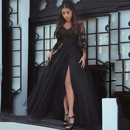 Sexy Slit Black Prom Dresses - Lace Long Sleeve Elegant Formal Evening Gowns - Party Prom Dresses (WSO5)(WSO4)