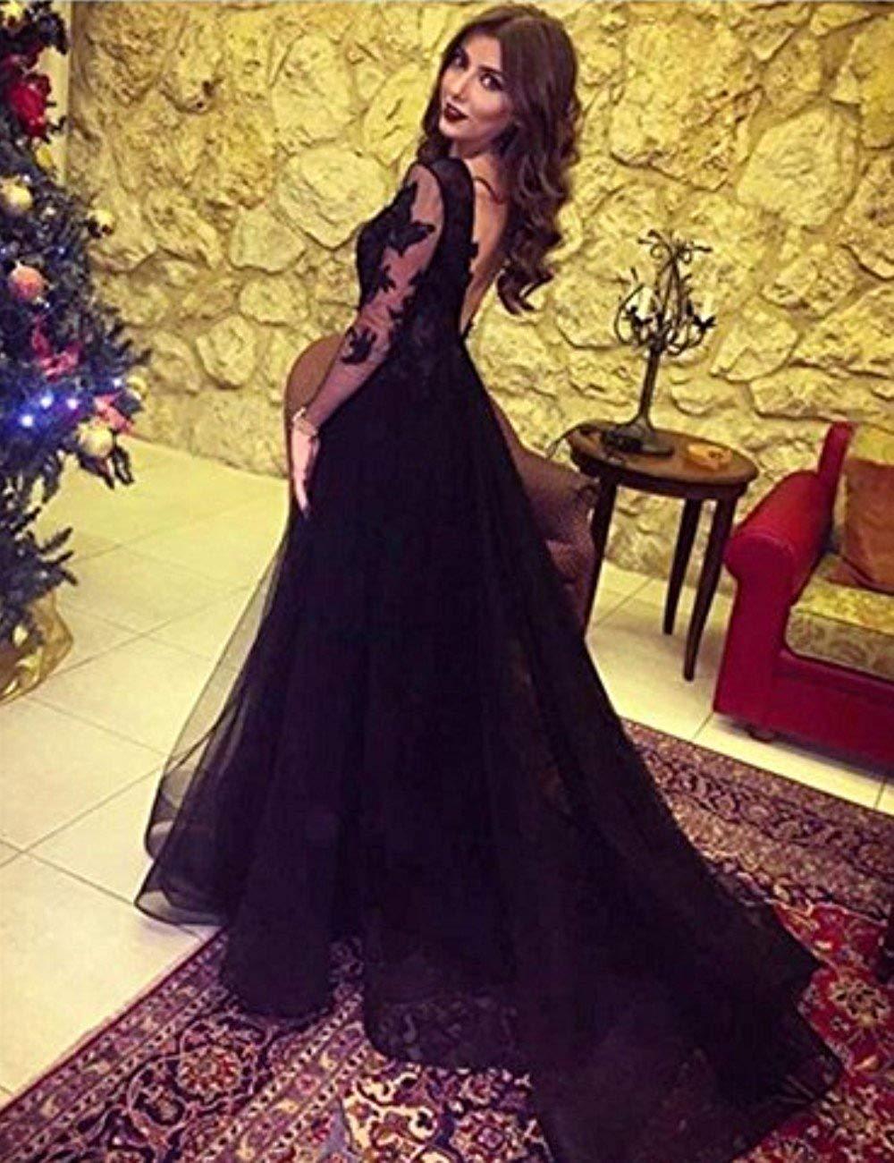 Sexy Slit Black Prom Dresses - Lace Long Sleeve Elegant Formal Evening Gowns - Party Prom Dresses (WSO5)(WSO4)