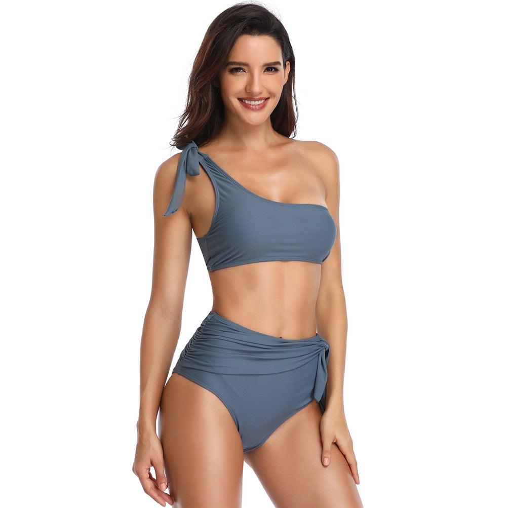 Chic Solid Bikinis Set - One Shoulder Swimwear - High Waist Bandage Solid Bathing Suit - Swimsuit Female Beachwear (1U26)