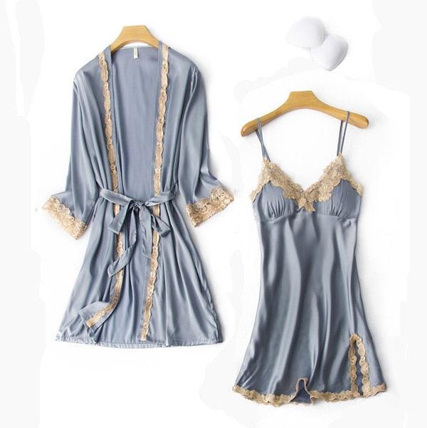 Sexy Summer Womens 2PC Robe Bath Gown Strap Top Kimono Pajamas Sets - Sleepwear Lady Home Wear Nightgown Suit (ZP4)(ZP1)(2U90)