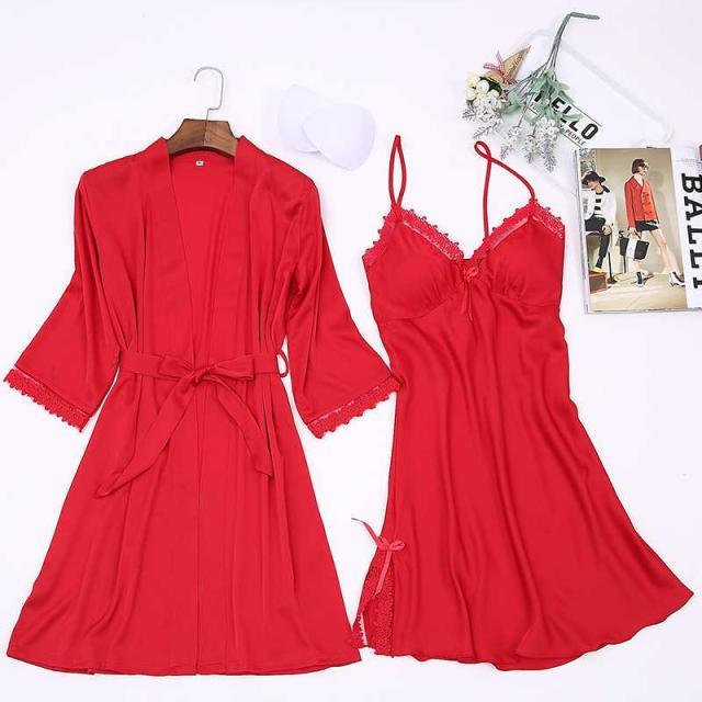 Sexy Summer Womens 2PC Robe Bath Gown Strap Top Kimono Pajamas Sets - Sleepwear Lady Home Wear Nightgown Suit (ZP4)(ZP1)(2U90)