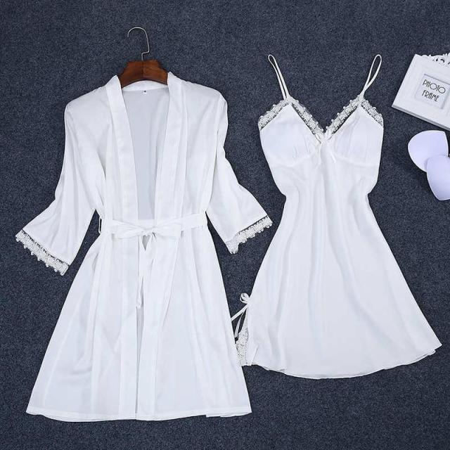 Sexy Summer Womens 2PC Robe Bath Gown Strap Top Kimono Pajamas Sets - Sleepwear Lady Home Wear Nightgown Suit (ZP4)(ZP1)(2U90)