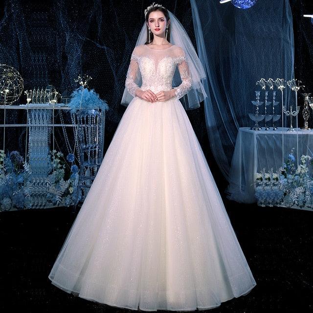 Sexy Wedding Dress - O Neck - Floor Length - A Line Long Sleeve Wedding Dress - Bridal Gown (WSO1)(F18)