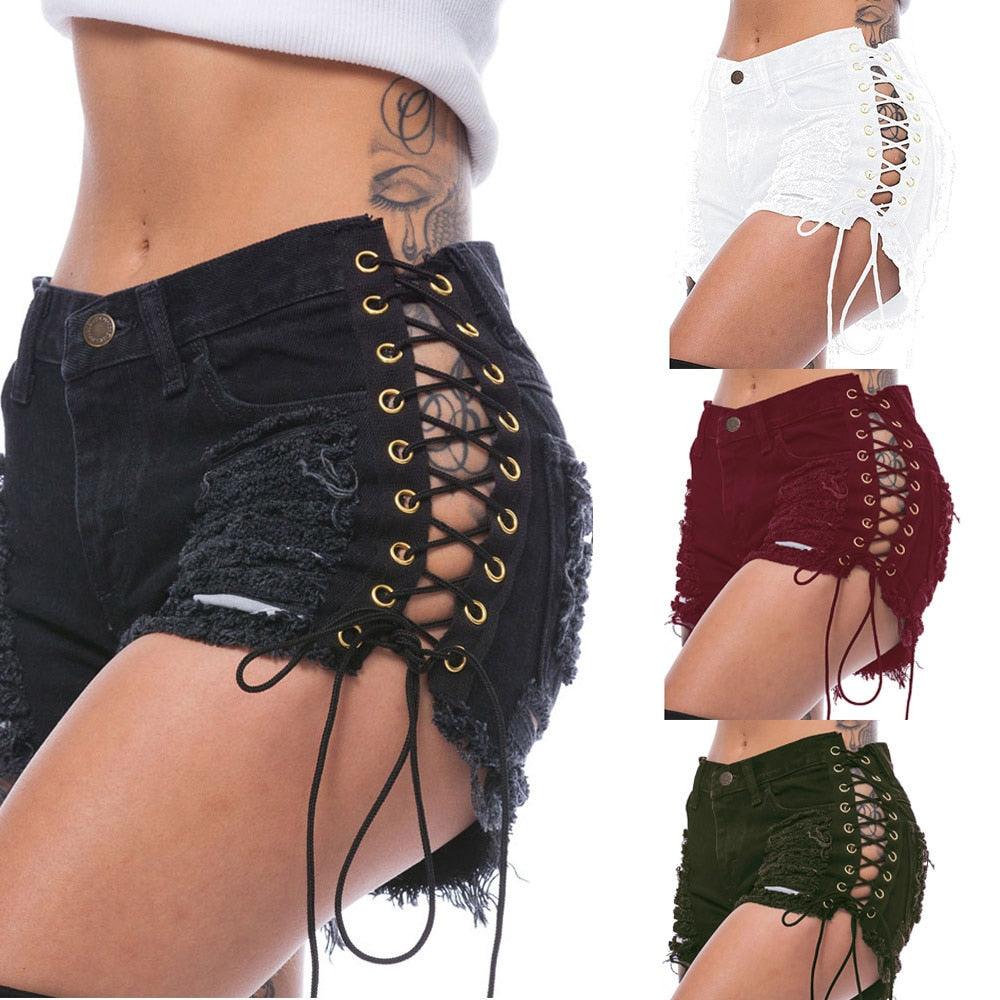 Sexy Women's Denim Shorts - Solid Lacing Ripped Mid Wast Shorts - Plus Size (TBL2)