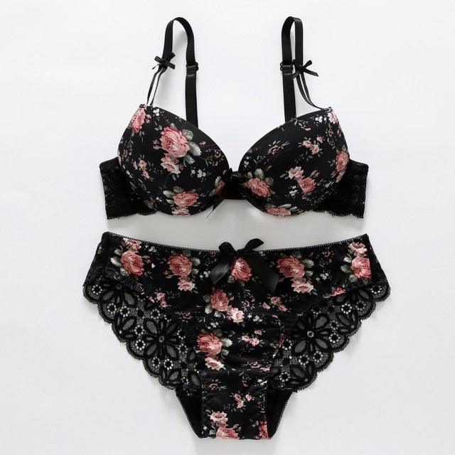 Trending Sexy Women Underwear Set - Push Up Thin Padded Bra + Panty Floral Bras Set (1U27)(1U28)