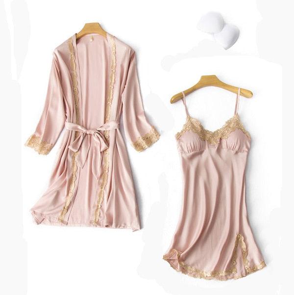 Sexy Women's Robe & Gown Sets - Autumn Winter 4 & 5 Piece Pajamas Sets - Sleepwear Faux Silk Lingerie (ZP1)
