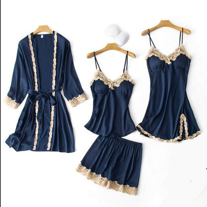 Amazing Women Sleepwear - With Chest Pads Sexy Women Pajamas Set- Lace Silk Sleep Lounge 5 Pieces Sets (ZP1)(F90)