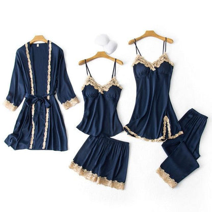 Amazing Women Sleepwear - With Chest Pads Sexy Women Pajamas Set- Lace Silk Sleep Lounge 5 Pieces Sets (ZP1)(F90)