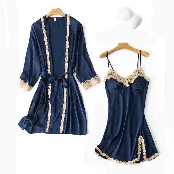 Sexy Women's Robe & Gown Sets - Autumn Winter 4 & 5 Piece Pajamas Sets - Sleepwear Faux Silk Lingerie (ZP1)