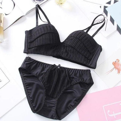 Sexy Trending Women Underwear Set - Solid Color Girl Knitting Thread - No Steel Ring Gather 1/2 Cup Bra + Underwear Set (2U27)(2U28)