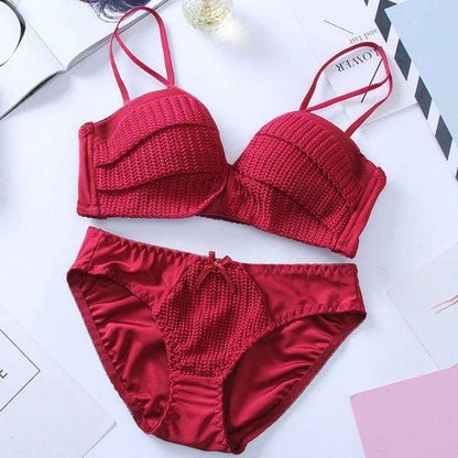 Sexy Trending Women Underwear Set - Solid Color Girl Knitting Thread - No Steel Ring Gather 1/2 Cup Bra + Underwear Set (2U27)(2U28)