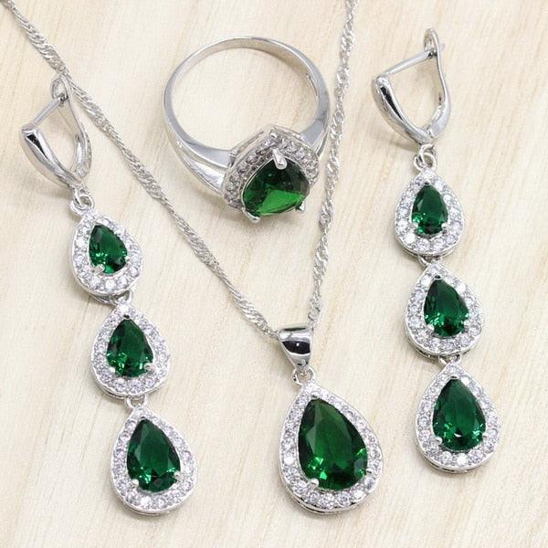 Beautiful Silver Color Jewelry Sets - Green Cubic Zircon Long Earrings/Pendant/Necklace/Ring Heart (3JW)(7JW)(5JW)