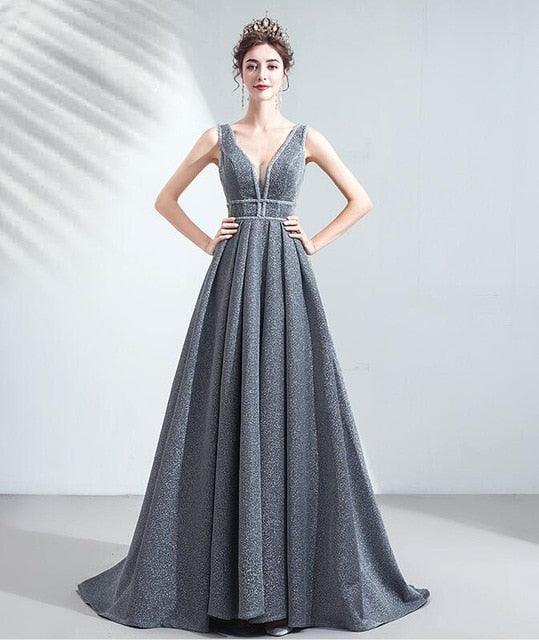 Silver Evening Dresses - A Line Reflective -Fabric Beaded Pleats V Neck - Prom Gown (D18)(WSO3)(WSO5)