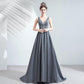 Silver Evening Dresses - A Line Reflective -Fabric Beaded Pleats V Neck - Prom Gown (D18)(WSO3)(WSO5)