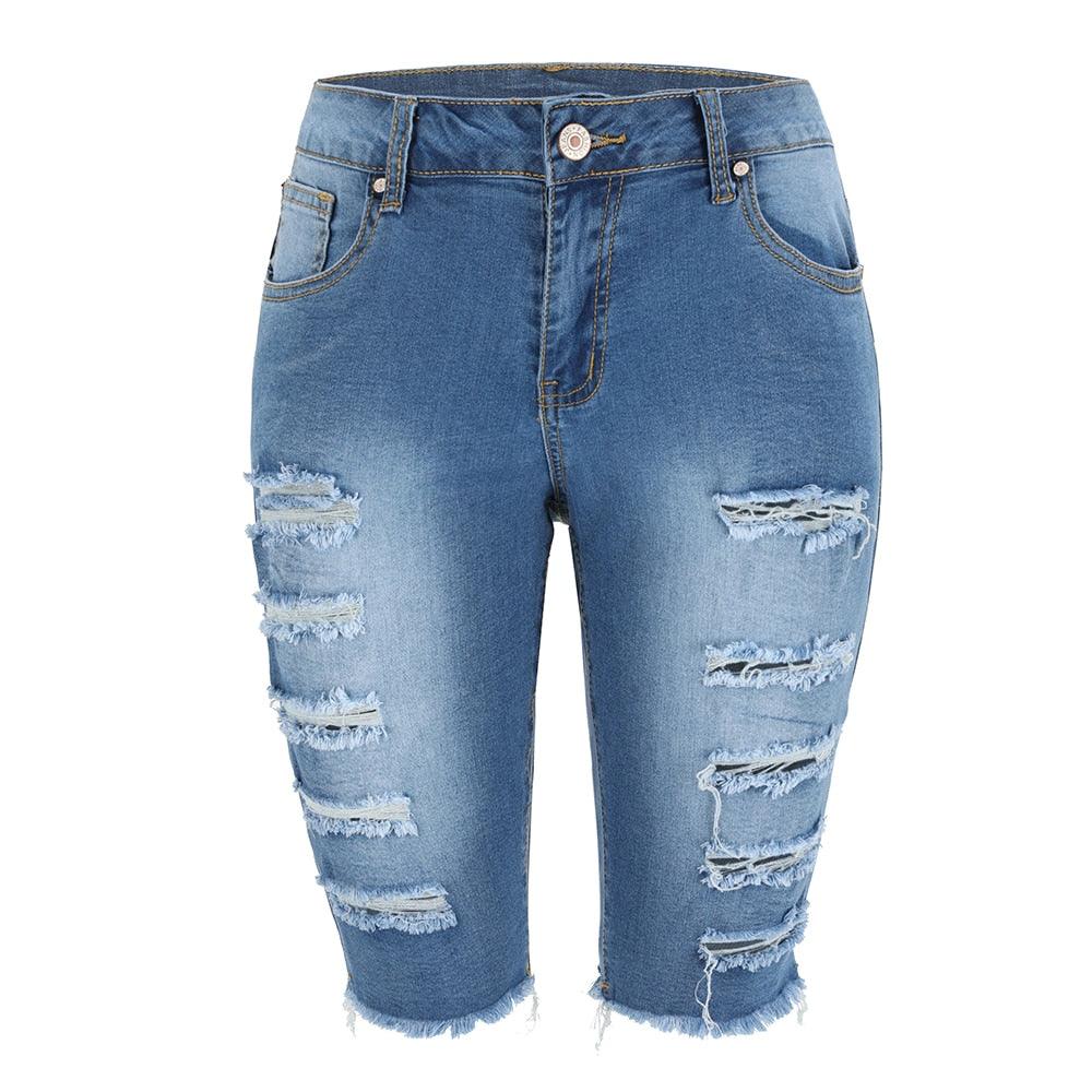 Skinny Women's Jeans - Woman Ripped Stretch Knee length Jeans Pants -Summer Blue (TBL2)(F32)