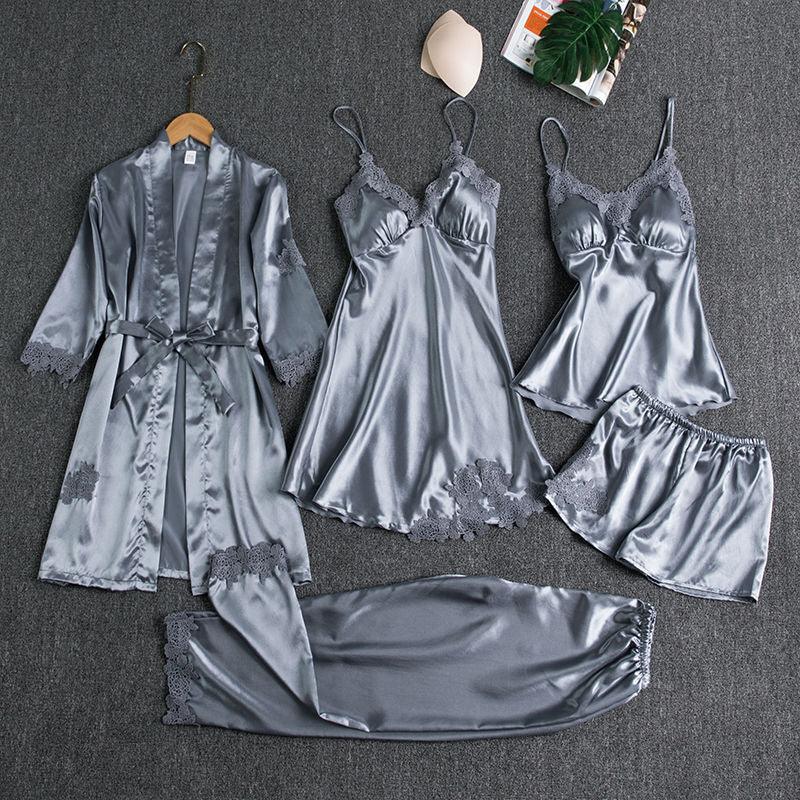 Trending Sleepwear Sleep Suit Female 5PCS Pajamas Set - Sexy Satin Lace Bridal Wedding Nightwear Robe Home Wear (ZP4)(ZP1)(2U90)