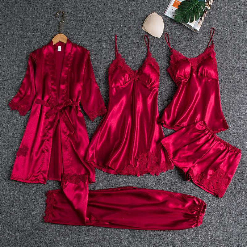 Trending Sleepwear Sleep Suit Female 5PCS Pajamas Set - Sexy Satin Lace Bridal Wedding Nightwear Robe Home Wear (ZP4)(ZP1)(2U90)