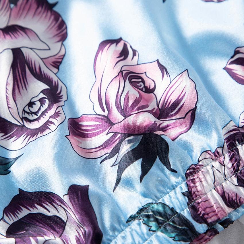 Gorgeous Sleeveless Purple Rose Print Pajamas Set -Sexy Women Sleepwear Set - Summer Top And Shorts (ZP1)