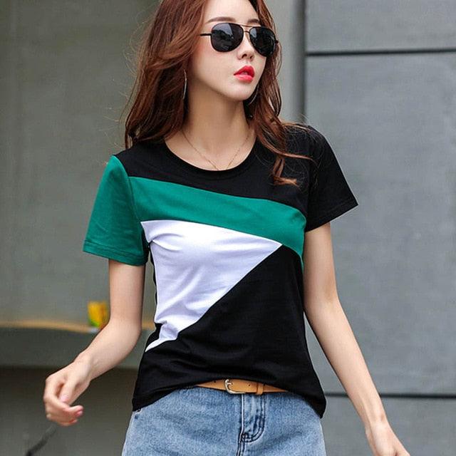 Slim Summer Tops - New Fashion Women Short Shirt - Stitching Round Neck Short Sleeve Women Tops and Blouse (D19)(TB2)