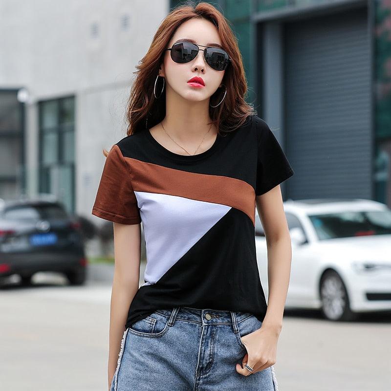 Slim Summer Tops - New Fashion Women Short Shirt - Stitching Round Neck Short Sleeve Women Tops and Blouse (D19)(TB2)