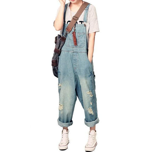 Great Women's Casual Overalls - Lady Oversized Hole Ripped Baggy Strap Jeans (TBL1)