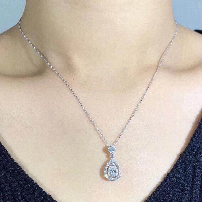 Solid 925 Silver Water Drop Zirconia Diamond Necklace Pendant - Women Gemstone Jewelry (5JW)(F81)
