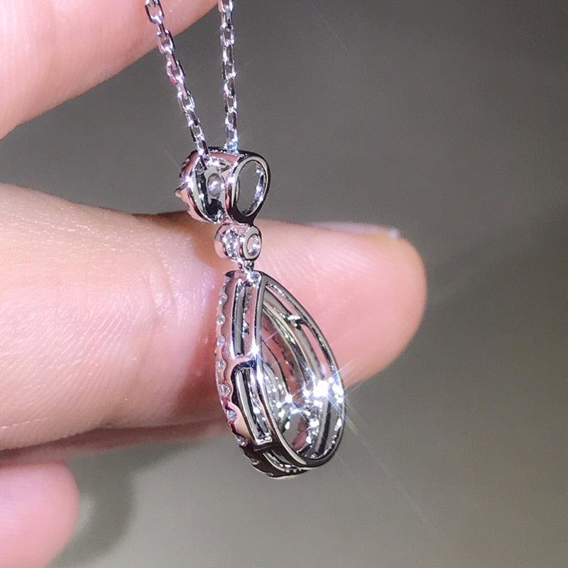 Solid 925 Silver Water Drop Zirconia Diamond Necklace Pendant - Women Gemstone Jewelry (5JW)(F81)