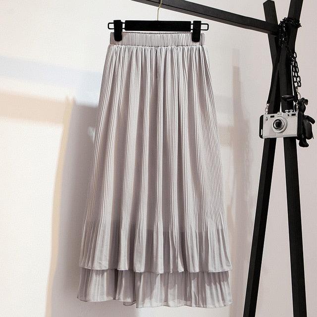 Spring Women Chiffon Skirt - Vintage Double Ruffle A line Long Skirts - Elegant High Waist Pleated Skirts (2U22)