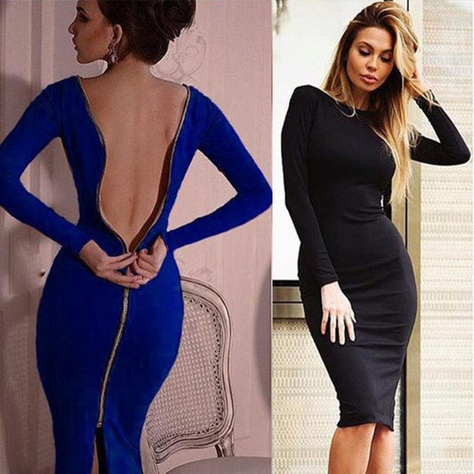 Confident Gorgeous Women's Dress - Solid Color New Large Size - Round Neck Long Sleeve Back Zipper Tight Dress (D30)(BWD)(WSO4)(BCD1)