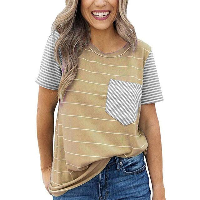 So Cute Striped T Shirt - Women O-neck Short Sleeve Top - New Pocket Tops - Women Clothes Casual Female T Shirt (3U19)