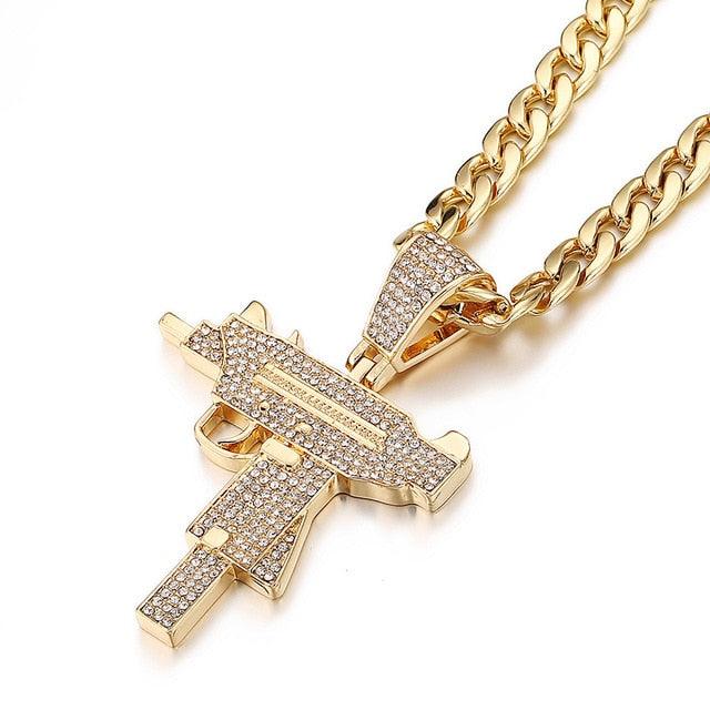 Submachine Fashion Gun Pattern Necklace Gold Color Stainless Steel Cool Fashion Military Pendant & Chain For Men (MJ2)