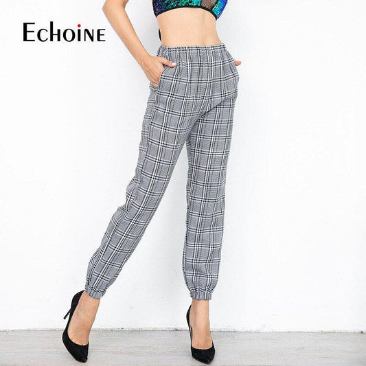 Great Summer Elastic High Waist Plaid Women's Pants - Streetwear Casual Office Loose Pants - Fashion Trousers (1U25)