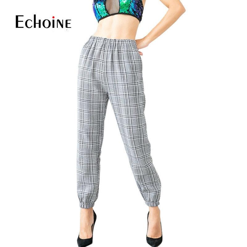 Great Summer Elastic High Waist Plaid Women's Pants - Streetwear Casual Office Loose Pants - Fashion Trousers (1U25)