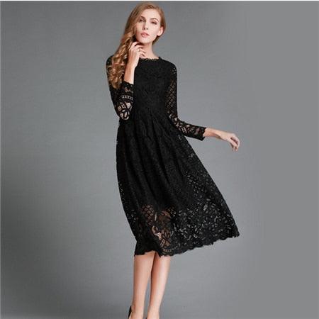 Beautiful Autumn Summer Dress - Women New Sexy Elegant Long White Lace Dress - Slim Solid Hollow Out - A Line Party Dresses (BWM)(WS06)
