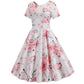 Summer Floral Print Elegant A-line Party Dress - Women Slim White Short Sleeve Swing Clothes - Plus Size Robe (D30)(BWM)